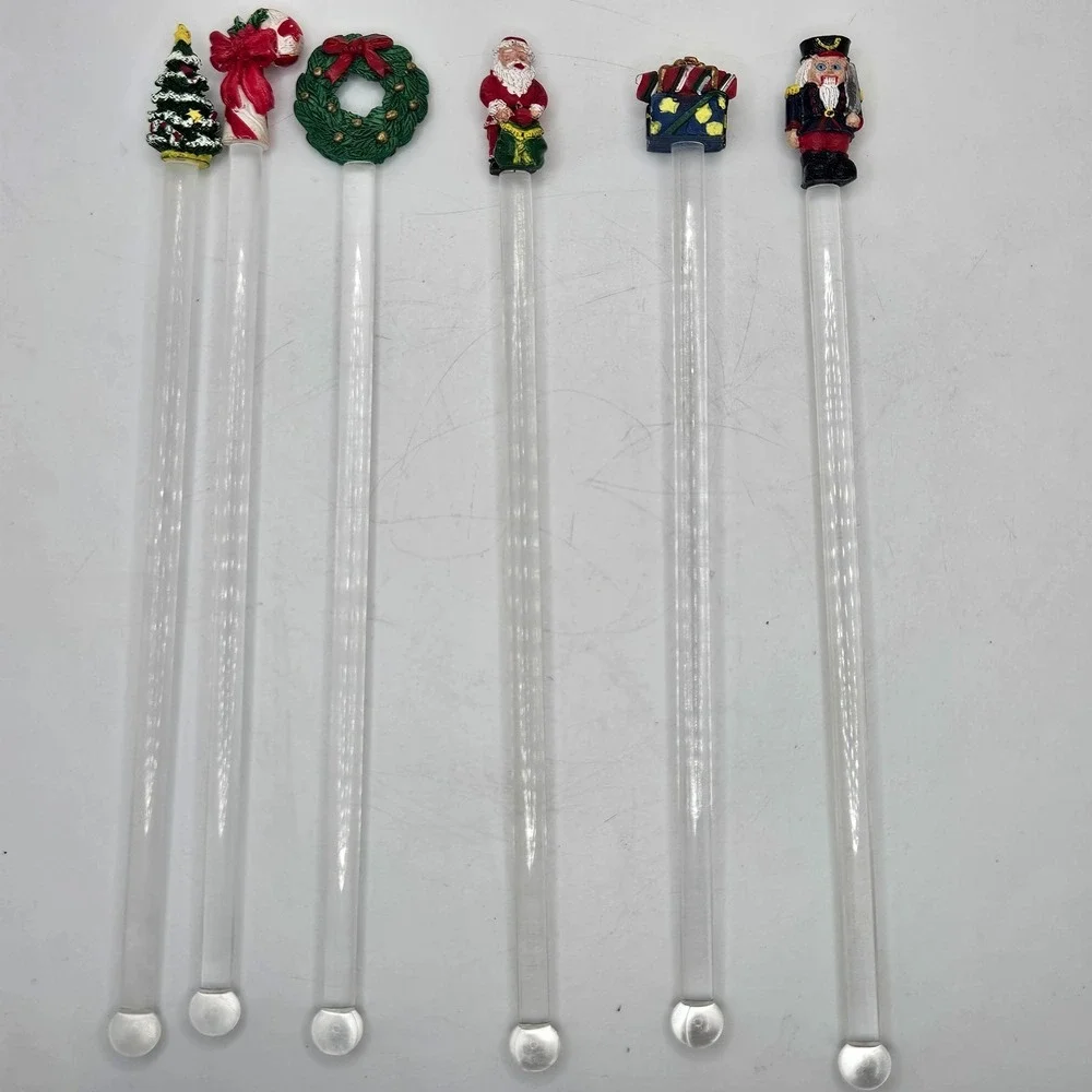 Vintage Christmas‎ Swizzle Stir Sticks Lot of 6 Santa Nutcracker Wreath